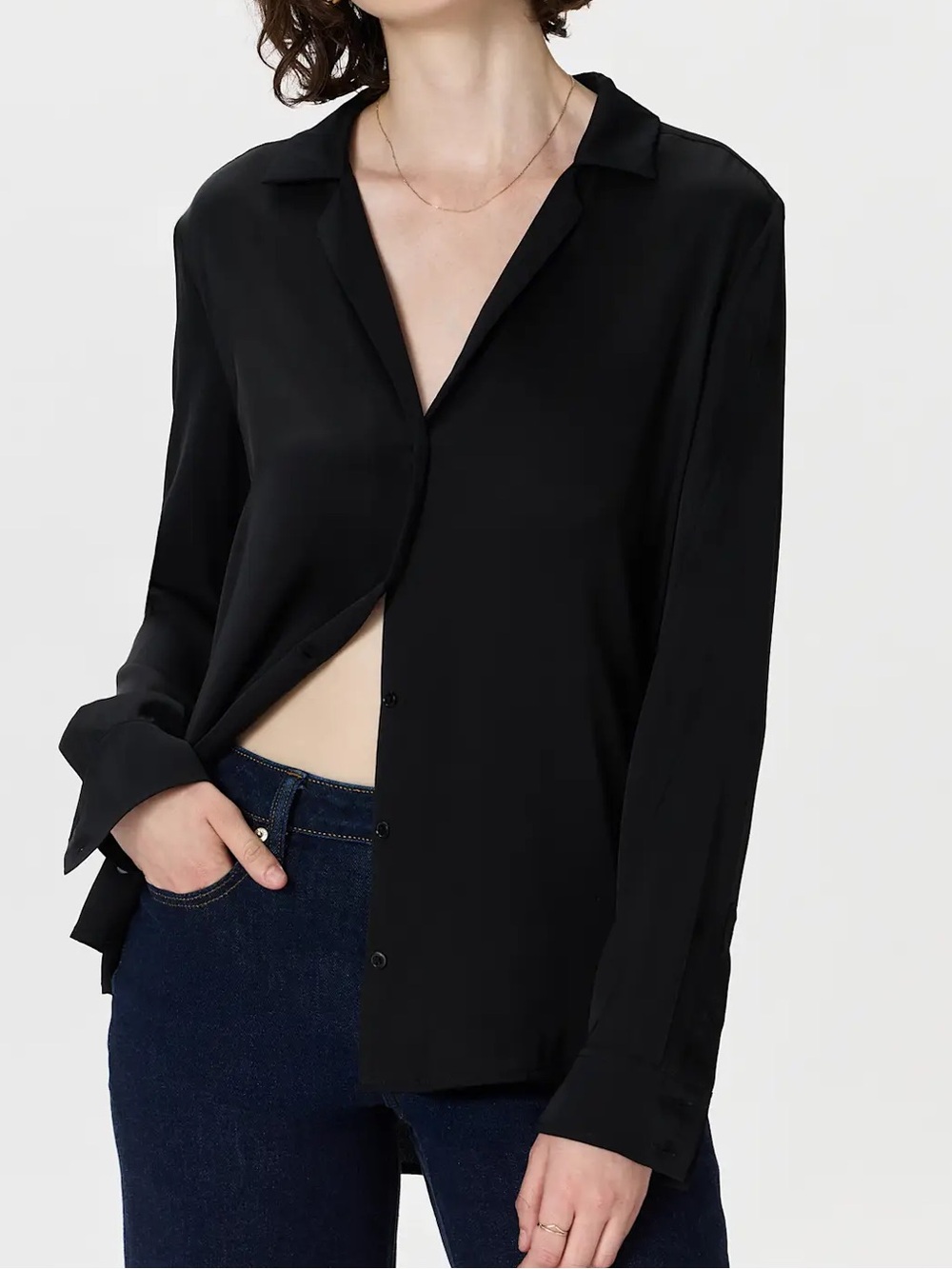 Quince Washable Stretch Silk Notch Collar Blouse Black - Small